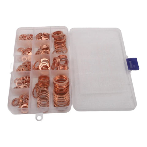 Solid 100 Pcs Copper Washers Assortment Kit With Seven Sizes M4-M14 Flat Sump Plug Oil Drain Seal Gaskets For Auto Plumbing And Mech Jobs in organizer box