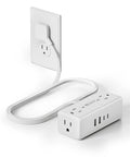 3 Ft Short Extension Cord Surge Protector Power Strip 8 In 1 with 4 AC Outlets and 2 USB ports, compact design next to wall outlet.