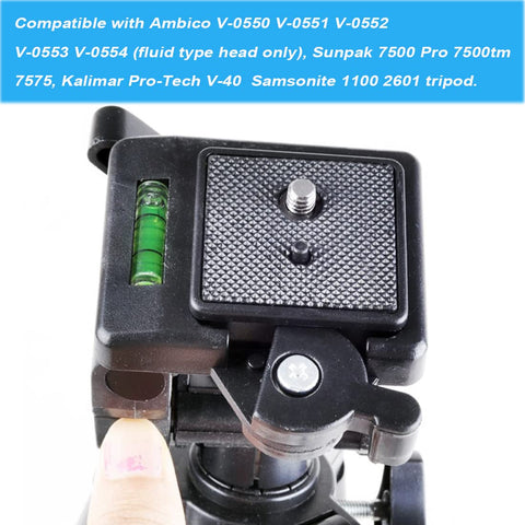 Two Pack 41mm And 43mm Quick Release Camera Mount Plates attached to tripod head, showing compatibility with Ambico Sunpak Kalimar Zomei.