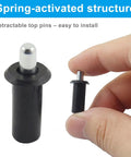 Retractable spring-loaded pins from the Heavy Duty Black Spring Loaded Cabinet Door Repair Pins 10 Pack, showing functionality.