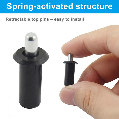 Retractable spring-loaded pins from the Heavy Duty Black Spring Loaded Cabinet Door Repair Pins 10 Pack, showing functionality.