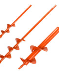 Set of three orange planter auger drill bits for 3/8-inch hex drive, with spiral blades.