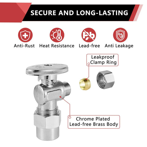 10-Pack One Quarter Turn Angle Shut Off Valves, Three Eighths Inch OD Compression To One Half Inch CPVC Pipe Connection, Chrome Plated Brass, Lead Free, Ideal For Residential And Commercial Bathroom Kitchen Shower Plumbing, leakproof clamp ring, anti-rust, heat resistance