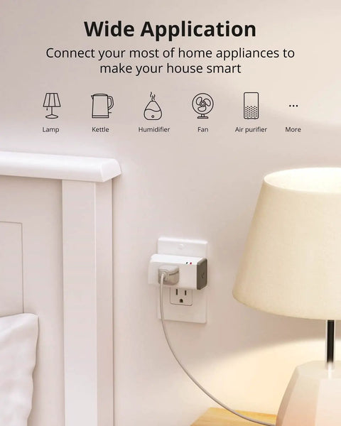Smart Plug 2 Pack With Quick Setup And Voice Control Works With Alexa And Google Assistant Remote App Control For Home Automation S31 Lite Style in wall outlet next to lamp.