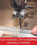 Pro Grade Flexible Steel Rule With Satin Chrome Finish For Quick Reading And Precision against a saw for alignment.