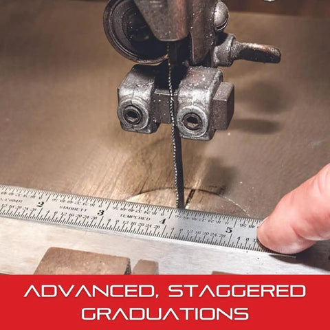 Flexible Steel Rule With Satin Chrome Finish For Quick Reading Inch Measurements, 32nds, 64ths And Aircraft Fiftieths And Hundredths In One Row, 24 Inch Length, One Fiftieth Inch Thick, Pro Grade Machinist Tool For Woodworking And Metalworking next to a saw blade.
