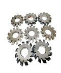 Eight metal gear milling cutter discs with central holes and serrated outer teeth.