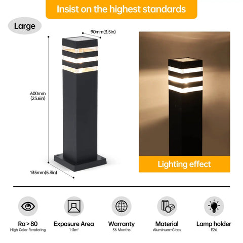 Premium Hardwired E26 Outdoor Pathway Light With Matte Black Finish And Elegant Walkway Lantern, 600mm tall, aluminum and glass.