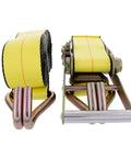 Beefy 3 Inch Ratchet Tie Down Strap, 27 Feet Long, Zinc Plated Double J Hooks, 5,000 Pound Load Limit, Heavy Duty Webbing For Secure Hauling Of Gear On Trailers, showing coiled yellow strap with metal hooks