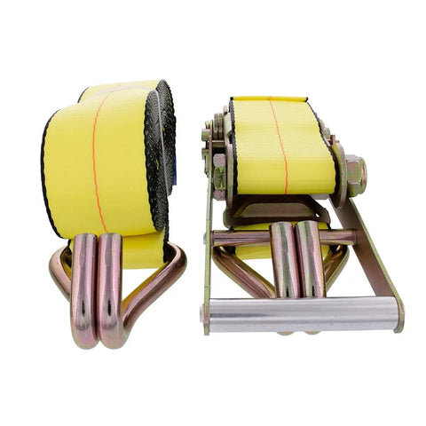 Beefy 3 Inch Ratchet Tie Down Strap, 27 Feet Long, Zinc Plated Double J Hooks, 5,000 Pound Load Limit, Heavy Duty Webbing For Secure Hauling Of Gear On Trailers, showing coiled yellow strap with metal hooks