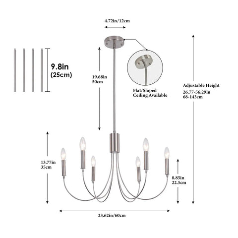 Modern Farmhouse Chandelier For Dining Room, Six Lights Dope Vintage Style Brushed Nickel Hanging Light Fixture, Large 23.6 Inch Diameter, Adjustable Height Ideal For Kitchen Island, Dining Area And Living Room with dimensions and details.