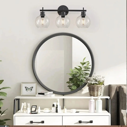 Super Stylish Modern Black Three Light Vanity Lights With Clear Glass Globe Shades Rust Resistant Matte Finish Bathroom Wall Sconce Over Mirror For Bedroom Living Room Hallway