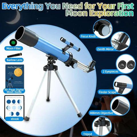 Kid-Friendly Beginner Telescope With 50mm Aperture And 100x Magnification Portable Tripod Kit With 2 Eyepieces And Finder Scope STEM Educational Gift For Boys And Girls Ages 6 12 Perfect Starter Astronomy Gear shown on tripod with moon viewing accessories