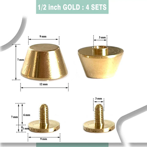 Hella Durable Gold Brass Rivet Studs For Handbags And Purses Heavy Duty Screw Back Feet shown in half inch and detailed measurements.