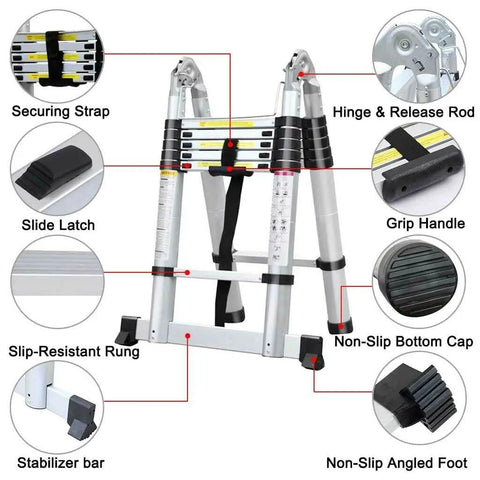 Space Saving A Frame Telescoping Ladder From 2.7ft To 12.5ft, 6 6 Steps, Adjustable Height, Heavy Duty 330lb Capacity, Anti Slip Feet, Foldable For Easy Transport, Great For RV Home And Light Duty Work. Folded aluminum ladder with securing strap, hinge, latch, and non-slip feet.