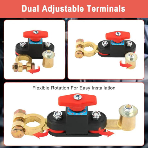 Super Cool Smart Battery Cut-Off Switch For 12v-To-24v Cars And Trucks Plus Boats Featuring Pure Copper High Conductivity with dual adjustable terminals.