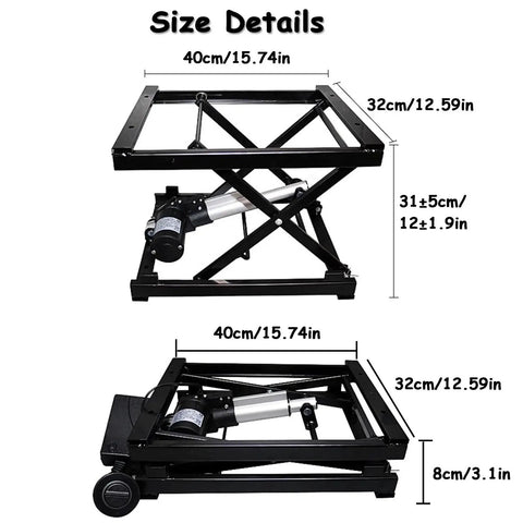 Wortat Electric Scissor Lift Table With Wireless Remote For Heavy Duty DIY Raising Loads, Adjustable height and size dimensions shown.