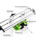 Heavy Duty Bench Drill Vise With X And Y Axis Adjustment Coordinate System For Metal Lathe Milling Fixture Table close-up of workbench showing aluminum alloy top and movable ruler