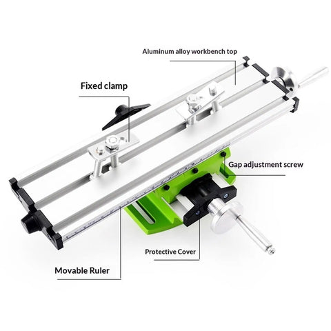 Heavy Duty Bench Drill Vise With X And Y Axis Adjustment Coordinate System For Metal Lathe Milling Fixture Table close-up of workbench showing aluminum alloy top and movable ruler