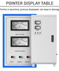 Pointer display table showing input and output voltage for Heavy Duty Single Phase Ac Power Conditioner And Automatic Voltage Stabilizer With Pure Copper Coils Delivering Rock Solid 220V Output For Home Gear That Demands Smooth Reliable Power Without The Headache At 1Kva Capacity.