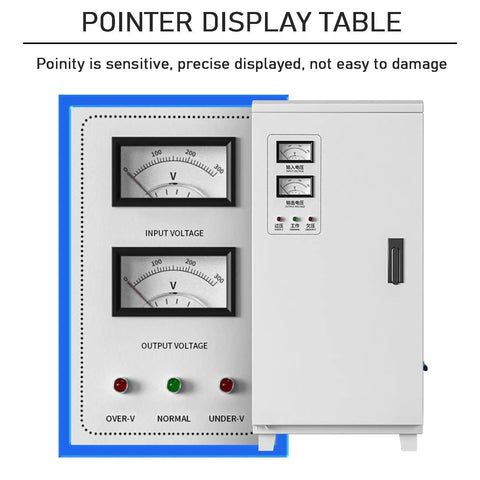 Pointer display table showing input and output voltage for Heavy Duty Single Phase Ac Power Conditioner And Automatic Voltage Stabilizer With Pure Copper Coils Delivering Rock Solid 220V Output For Home Gear That Demands Smooth Reliable Power Without The Headache At 1Kva Capacity.