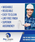 Man holding paint roller next to list of benefits, promoting Ultimate White Nylon Paint Roller Covers For Smooth Walls Nine Inch Length Three Eighths Inch Nap Durable Washable Five Pack For Flawless Finish On Drywall And Stains.