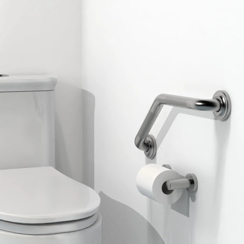Angled Wall Mount Grab Bar 1 1/4 Inch with Knurled Grip for Stud Installation, ADA Compliant Heavy Duty 500 Lb Support, Rustproof Stainless Steel Bathroom Safety Rail in Brushed Nickel next to a toilet with toilet paper holder.
