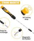 75-In-1 Precision Screwdriver Set With 67 Magnetic Bits And Mini Wrench showing magnetic bit holder and 360-degree design