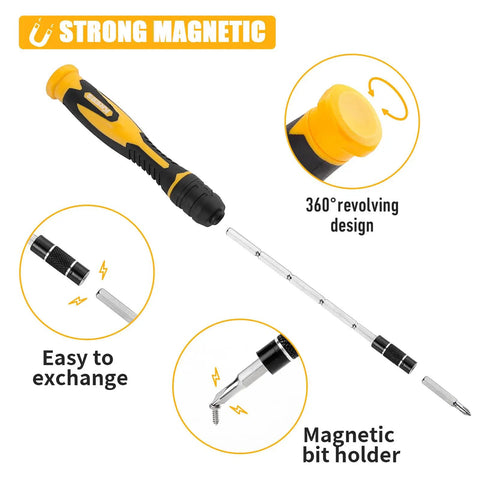 75-In-1 Precision Screwdriver Set With 67 Magnetic Bits And Mini Wrench showing magnetic bit holder and 360-degree design