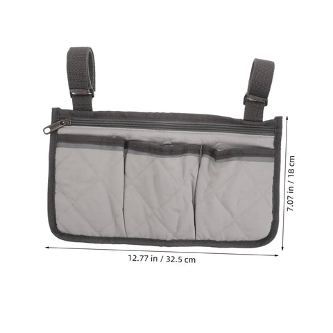 Bed Rail Organizer With Four Pockets And Cup Holder, Ultra Handy Bedside Storage Caddy with straps and grey fabric