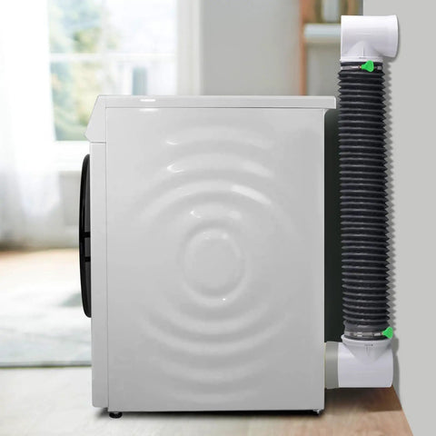 Space Saving Dryer Vent Hose Kit For Tight Spaces Inside The Home, 90 Degree Elbow, Vent Connector, installed beside dryer