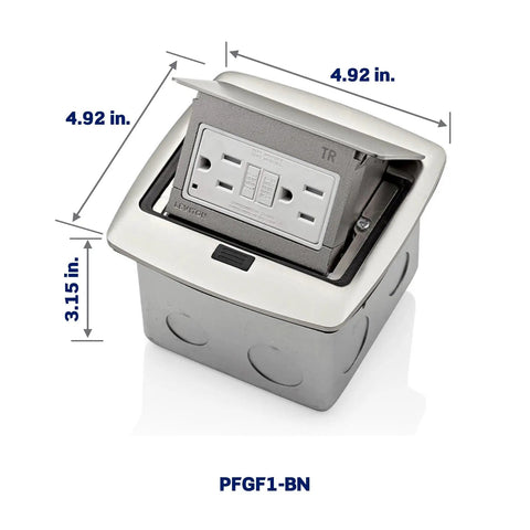 Pop Up Floor Box With 15 Amp Tamper Resistant Self Test GFCI Outlet Brushed Nickel Finish Low Profile Cover