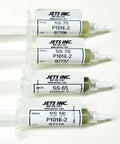 Four syringes labeled with silver solder paste percentages alongside colored tips, for jewelry making and fixes, made in USA.