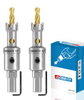 Pro Grade TCT Hole Saw Two Pack Half Inch Tungsten Carbide Tipped Cutters with titanium coated pilot bit and packaging.