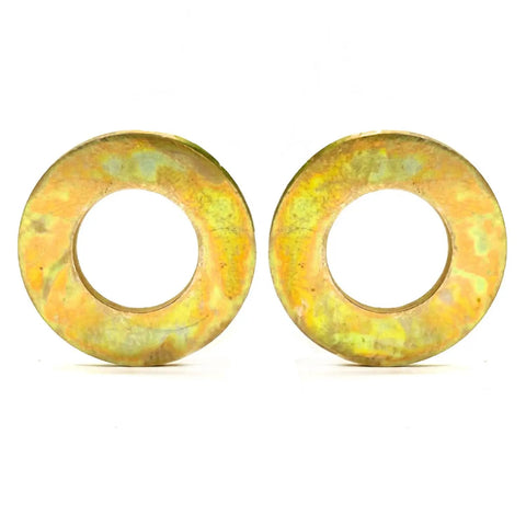 Close-up of two 50 Pack One Half Inch SAE Grade 8 Flat Washers With Zinc Yellow Finish For Bolts And Screws, Built To Last