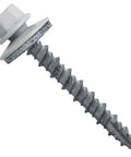 Close-up of a single screw from 10 Pack One And A Half Inch Brite White Metal Roofing Screws With Hex Washer Head Self Starting Tapping EPDM Washer Workhorse For Metal Roofs 250 Count Bag That Attaches Panels Fast And Durable