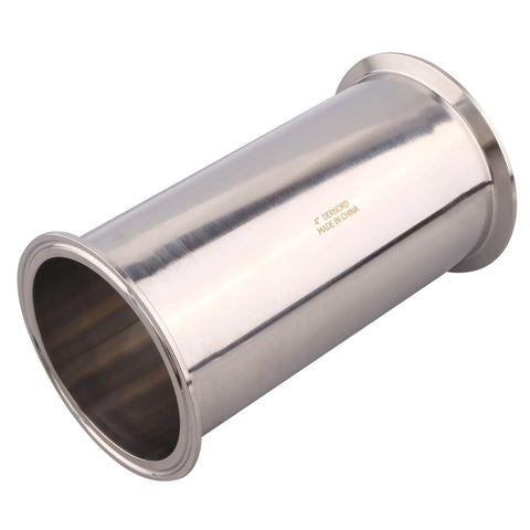 Side view of stainless steel 304 sanitary spool tube with 4-inch Tri Clamp ends, 8-inch length