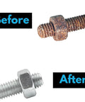 Rusty bolt before and after using 5 Pack 3 Inch Paint Stripping Discs For Drill Attachment Quarter Inch Shank Durable Non-Woven Rust Removal Discs For Metal Surface Prep Paint Removal Rust And Scale.