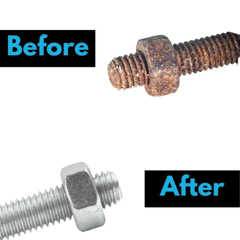 Rusty bolt before and after using 5 Pack 3 Inch Paint Stripping Discs For Drill Attachment Quarter Inch Shank Durable Non-Woven Rust Removal Discs For Metal Surface Prep Paint Removal Rust And Scale.
