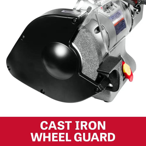 Heavy Duty 8 Inch Bench Grinder Paired With A 2X48 Belt Sander Bragging 1 Hp Power Runs On Dual 115 Or 230 Volts Tool cast iron wheel guard detail.