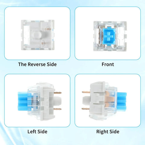 Blue 3 Pin Mechanical Keyboard Switches Pack 50 Pcs Pre Lubricated Dustproof Tactile Clicker Switches For Most Gaming Keyboards With Clear Housing And LED Backlight For Crisp Actuation And Smooth Upgrades, front and side views