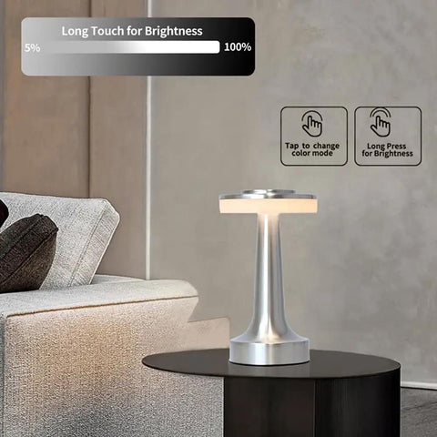 Cordless Metal Desk Lamp With Touch Sensor And 3 Color Temperature Modes, 3 Brightness Levels, Sleek Silver LED Lamp on Table