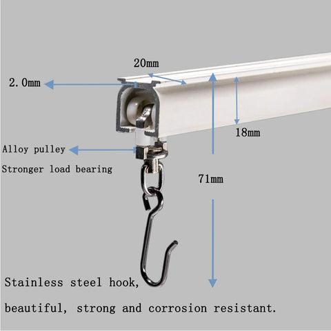 Adjustable Aluminum Curtain Track System Ceiling Mount 3.6ft To 7.2ft Length Flexible Room Divider With Runners And Hooks Easy Install White Finish No Fuss For Windows And Room Privacy; white track hook close-up