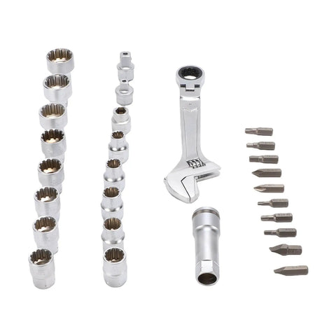 Pass Through Socket Set With Three Eighths And One Half Inch Drive Sockets 72 Tooth Reversible Ratchet Tool Kit Two In One