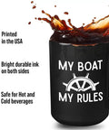 Black ceramic mug with 'My Boat My Rules' design, 15oz capacity, shown with coffee splash. My Boat My Rules Nautical Ceramic Coffee Mug FifteenOz Black For Boat Lovers.