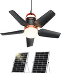 20 Inch Portable Ceiling Fan With Solar Charging And 20000 Mah Battery Includes Wireless Remote, featuring black blades and solar panels.