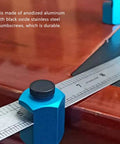 Detail of Heavy Duty Aluminum Framing Square Jig Quick Set Rafter Layout Guide with durable blue thumbscrew for carpentry.