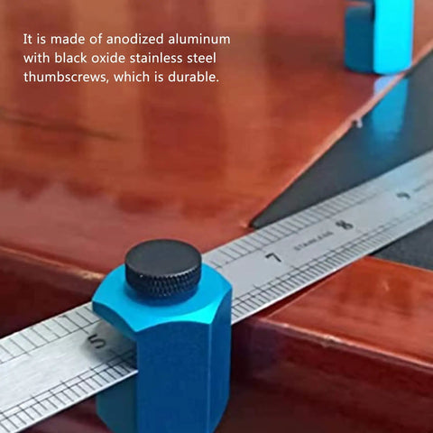 Detail of Heavy Duty Aluminum Framing Square Jig Quick Set Rafter Layout Guide with durable blue thumbscrew for carpentry.