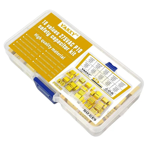 275VAC X2 MKP Safety Capacitor Kit 10 Value Pack With 50 Pieces In Yellow Plastic Case, 10mm Pitch, Polypropylene Film Capacitors
