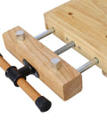 Close-up of adjustable handle on 60 Inch Solid Rubber Wood Workbench With Drawer, Storage Shelf And Adjustable Handles, 330 lbs capacity.